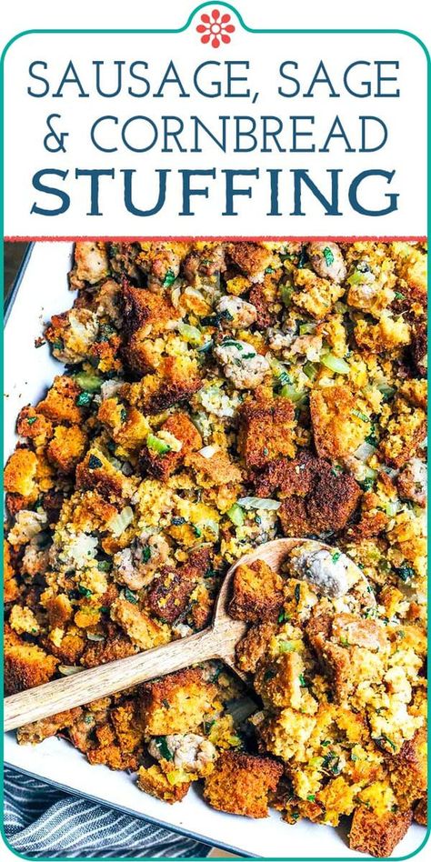 Sausage, Sage, and Cornbread Stuffing Dressing Thanksgiving, Holiday Stuffing, Side Dish For Thanksgiving, Stuffing Thanksgiving, Cornbread Stuffing Recipes, Sausage Cornbread Stuffing, Dressing Recipes Thanksgiving, Sage Stuffing, Gluten Free Stuffing