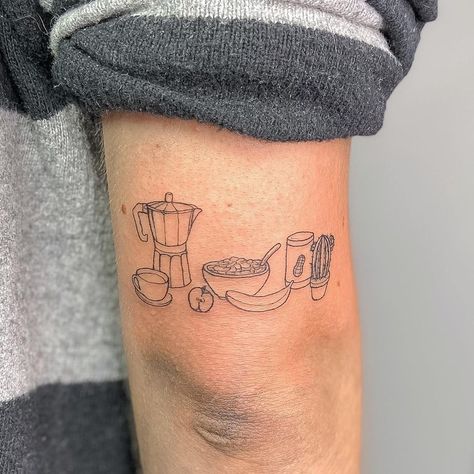 Gabi on Instagram: “Breakfast platter for Dru 🍌🍎 🥣 ☕️ 🌵 🥜 #foodtattoo #3rl #linetattoo #cutetattoo #smalltattoo #tattooapprentice #tinytattoos #minitattoos…” Breakfast Tattoo Ideas, Brunch Tattoo, Cereal Tattoo, Bagel Tattoo, Waffle Tattoo, Breakfast Tattoo, Sock Tattoo, Matching Tats, Magic Runes