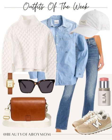 Cute Fall Outfits With Sneakers, Casual Transitional Fall Outfits, Fall Fashion Inspo 2023, Blue And White Sweater Outfit, Travel Fall Outfits Women, Blue Purse Outfit Ideas, Fall 2023 Outfits Women, Coastal Fall Outfits, Daily Look Outfits