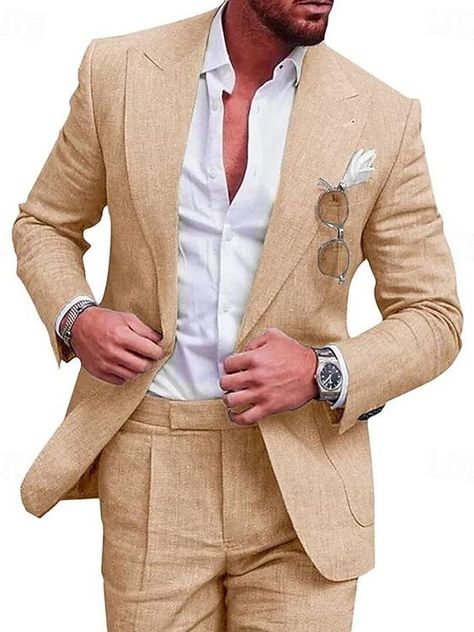 Perfect fit and perfect material Linen Summer Suits, Beach Wedding Groom Attire Linen, Tan Linen Suit, Beige Linen Suit, Summer Groom, Linen Suits For Men, Italy Elopement, Groom Suits, Waterfall Wedding