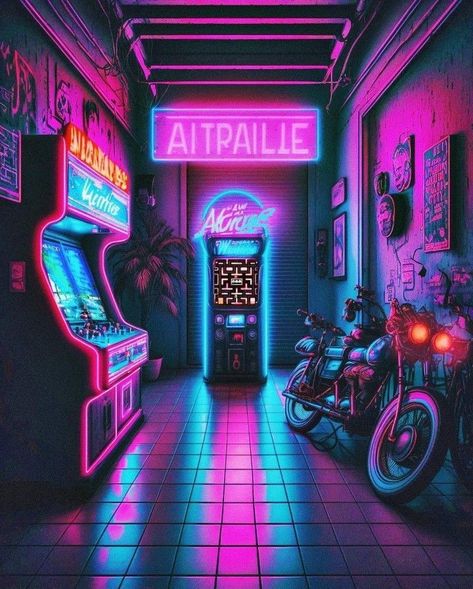 Vaporwave 80s Aesthetic, Neon Dystopia Aesthetic, Neon 80s Aesthetic, Neon Arcade Aesthetic, Dark Synthwave Aesthetic, Cyberpunk Arcade, 80s Neon Aesthetic, Retro Wave Aesthetic, Cyberpop Aesthetic