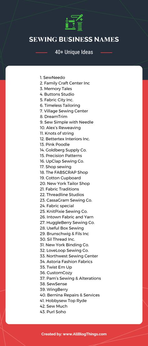 40+ Unique Sewing Company Names Infographic by AllBlogThings.com Fashion Designer Studio Name Ideas, Sewing Business Logo Ideas, Clothing Company Name Ideas, Tailoring Name Ideas, Fashion Page Name Ideas, Aesthetic Clothing Brand Names, Fashion Business Name Ideas Unique, Clothing Boutique Names Ideas Unique, Fashion Boutique Names Ideas Unique