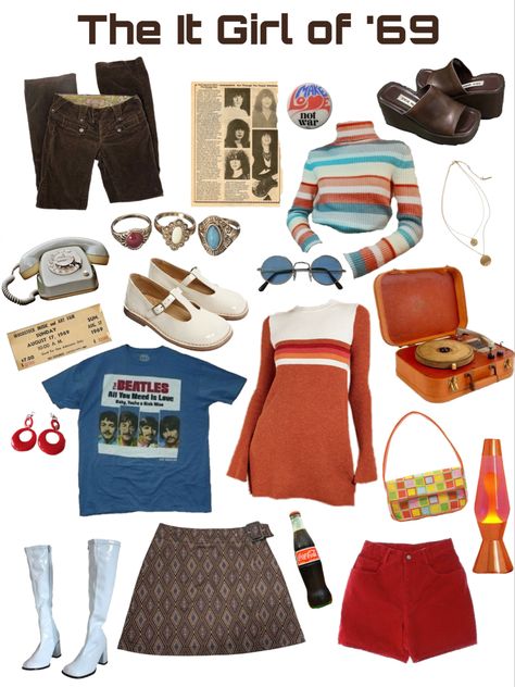 Decades Inspired Outfits, 70s Fashion Mood Board, 60s Outfits Ideas, Groovy 60s Outfit, 70s Street Fashion, 1960s Fashion Aesthetic, 70s Mood Board, 60s Aesthetic Fashion, 60s Fashion Women 1960s Outfits