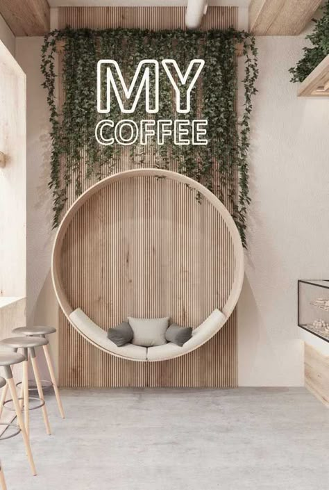 Simple Cafe Design Small Spaces, Instagrammable Interior Design, Retail Selfie Wall, Accent Wall Coffee Shop, Cafe Toilet Design Coffee Shop, Cafe Interiors Ideas, Nutrition Club Ideas Decor, Instagramable Walls Cafe Modern, Zen Coffee Shop