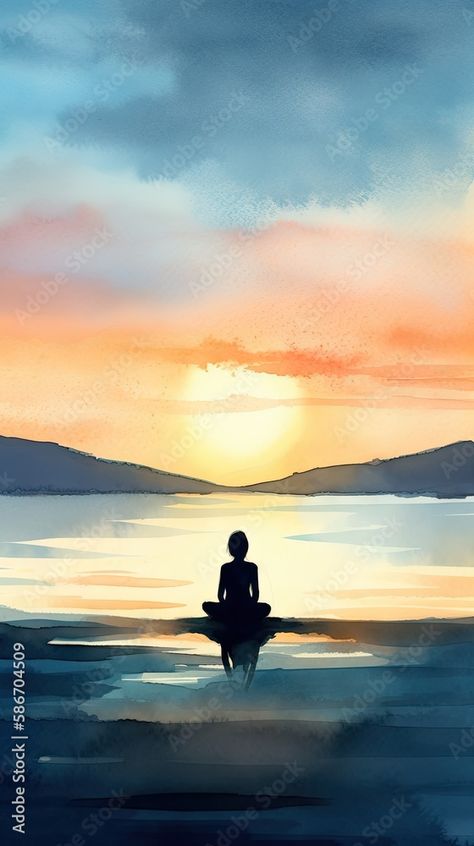 Meditating Person Silhouette on Serene Beach at Dawn - Ideal Watercolor Painting for Art Prints - Generative AI Dawn Watercolor Painting, Watercolor Art Silhouette, Easy Beach Watercolor Paintings, Meditation Painting Ideas, Easy Watercolor Paintings Landscapes, Silhouette Watercolor Painting, Spiritual Watercolor, Boats Watercolor, Watercolor Meditation