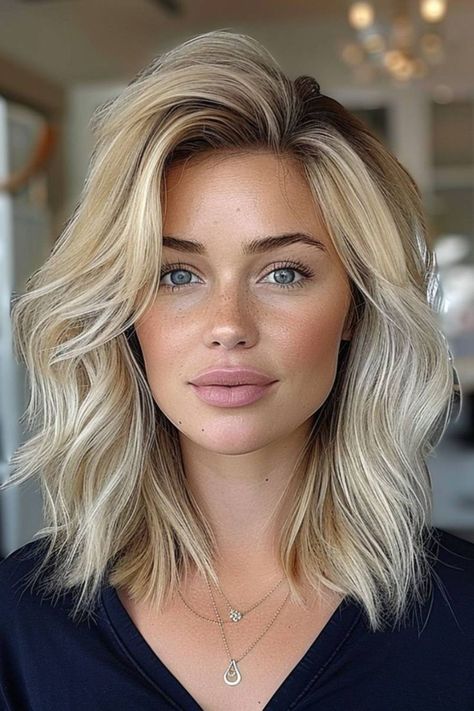 Dynamic and playful mid-length choppy layers creating a fresh, edgy look for a contemporary style Blonde Hair Cuts Medium Layered, Longer Lob Haircut, Short Haircuts For Women Side Part, Mid Length Hair Oval Face, Mid Length Women’s Hair Styles, Medium Length Haircut Long Face, Medium Blonde Haircut, Girls Shoulder Length Haircut, Layers On Shoulder Length Hair