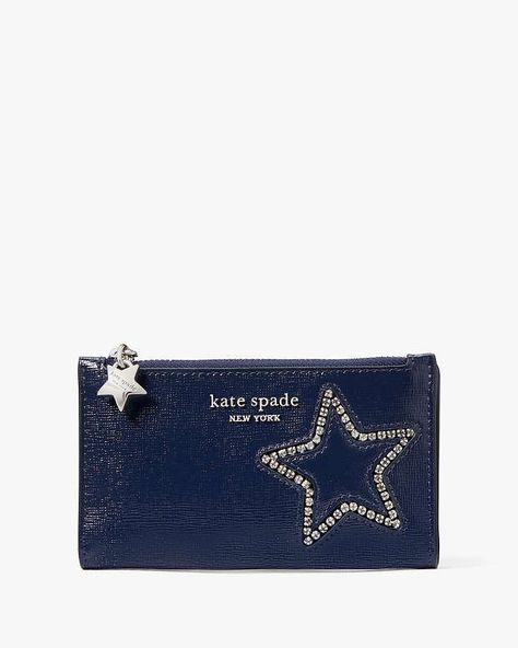 Starlight Patent Saffiano Leather Small Slim Bifold Wallet | Kate Spade UK Kate Spade Star Wallet, Wallet And Keys Aesthetic, Wallets For Women Aesthetic, Wallet Aesthetic, Silver Wallet, Exclamation Mark, Jeans With Heels, Womens Wallet, Blue Wallet