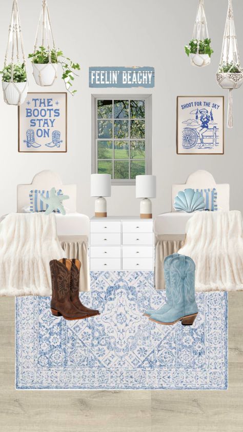 #dorminspo #dormdecor #dorm #bedroom #coastal #coastalcowgirl #blue Coastal Cowgirl Dorm Aesthetic, Coastal Cowboy Apartment, Costal Granddaughter Dorm Room, Blue Coastal Cowgirl Bedroom, Costal Granddaughter Dorm, Coastal Cowgirl Bedding, Coastal Dorm Room Aesthetic, Costal Cowgirl Bedrooms, Costal Cowgirl Dorm