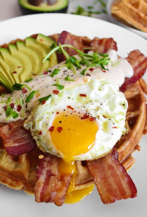 Savory Breakfast Waffles with Maple Cream Sauce Breakfast Waffle Recipes, Savory Breakfast Recipes, Waffle Ingredients, Savory Waffles, Brunch Items, Breakfast Prep, Maple Cream, Breakfast Waffles, Easy Brunch