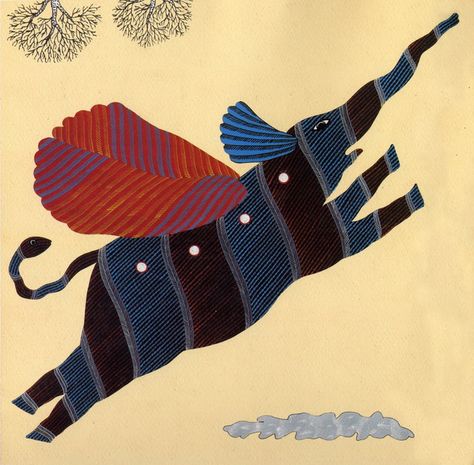 Bhajju Shyam drawing Gond Art, Gond Painting, Flying Elephant, Indian Folk Art, Jairzinho, London Art, Indigenous Art, Aboriginal Art, Children's Book Illustration