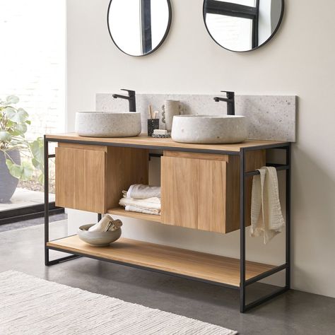 Discover this double washstand by Tikamoon!It will bring an stylish, urban note to your bathroom. You will be love the combination of natural FSC® teak wood and metal, which make a beautiful blend.This original bathroom cabinet will be perfect for an optimising the space in your bathroom. It has an open shelf, 2 closed cupboards and a lower shelf * * Open shelf (H 36.5 x W 40 x D 40 cm), 2 oardscupb (H 35.5 x W 34 x D 32 cm), 1 lower shelf (H 23 x W 136 x D 50 cm).?Sold without basinProduct Info Sink Cupboard, Urban Style Design, Teak Vanity, Metal Vanity, Sink Shelf, Vanity Unit, Low Shelves, Open Shelf, Furniture Designer