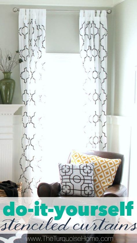 DIY Stenciled Curtains (Customized Drapes) Cheap Window Treatments, Stenciled Curtains, Living Room Mantel, Diy Window Treatments, Curtains Ideas, Chic Interior Design, Stencil Diy, Diy Curtains, Milk And Honey