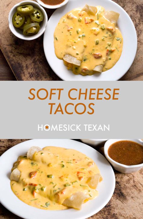 Cheese Enchiladas With Queso Sauce, Soft Cheese Tacos, Best Tex Mex Recipes, Tex Mex Cheese Enchiladas, Tex Mex Queso, Soft Food Dinner Ideas, Queso Tacos, Soft Tacos Recipes, Texas Recipes