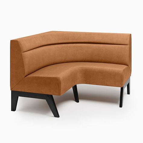 Novak Banquette Corner, Vegan Leather, Cinder, Walnut Novak Banquette, Curved Banquette Seating, Banquette Corner, Leather Banquette, Corner Banquette, Black West, Leather Wing Chair, Banquette Seating In Kitchen, Basement Redo