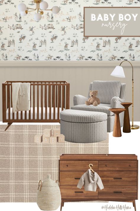 Mid century modern nursery decor mood board for baby boy! Cute nursery decor ideas Taupe Baby Nursery, Boy Nursery Aesthetic, Subtle Nursery Themes, Baby Boy Nursery Mood Board, Baby Boy Nursery Decor Ideas, Mid Century Modern Nursery Boy, Brown And Blue Nursery, Baby Boy Nursery Rug, Modern Organic Nursery