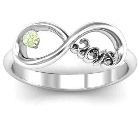 14K White Gold 2018 Infinity Ring with Peridot (Simulated) Stone | Jewlr Engraved Engagement Ring, Trade School, Infinity Jewelry, Fingerprint Jewelry, Monogram Ring, Infinity Ring, Grad School, Initial Ring, Jewelry Images