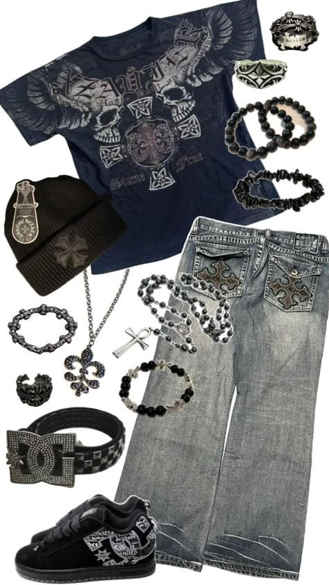 chrome hearts beanie, affliction t, thrifted jeans, DC shoes n belt, n some chrome jewelry Chrome Jewelry, Thrifted Jeans, Affliction Clothing, Baggy Outfit Ideas, Beanie Fits, Masc Outfits, Heart Clothes, Listen To Me, How I Wish