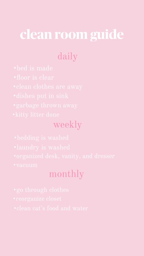 a list of things to do daily, weekly, and monthly to maintain a clean room Organisation, Clean Room Schedule, Bedroom Cleaning Supplies, Room Cleaning Guide, How To Clean Your Room Aesthetic, Room Clean Checklist, How To Keep My Room Clean, How To Keep A Clean Room, Guide To Cleaning Your Room