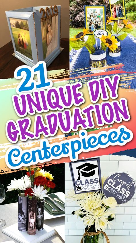 Get ready for an unforgettable graduation party with these DIY Graduation Centerpieces! Add excitement and personal flair to your celebration with creative decorations. Discover more budget friendly ideas to make your graduation party truly special! #gradpartyideas #graduationcenterpieces Graduation Diy Centerpieces, College Graduation Party Decorations Diy, Boys Graduation Centerpieces, Centerpieces For Grad Party, Easy Graduation Decorations, Easy Graduation Centerpieces, Dollar Tree Graduation Ideas, Blue Graduation Centerpieces, Grad Party Table Decorations