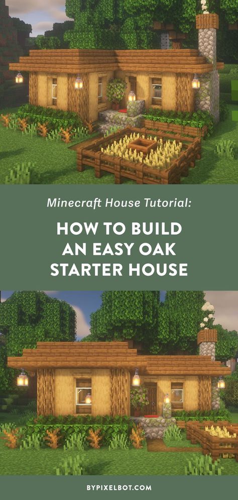 Minecraft: How to Build an Easy Oak Starter House (Simple Survival House) Cute Easy Minecraft Houses Survival, Cute Basic Minecraft Houses, Mc Oak House, Starter Minecraft House Easy, Minecraft Starter House Small, Oak And Cobblestone House Minecraft, Basic Mc House, Basic Starter House Minecraft, Minecraft Basic House Ideas