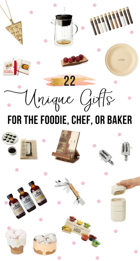 Looking for that perfect gift for the favorite cook in your life? This list of 22 Unique Gifts for the Foodie, Chef, or Baker highlights just that—from tools to make the job easier to some fun and uncommon finds. Gift Ideas For Chefs Boyfriend, Culinary Gifts Ideas, Gift For Cooking Lovers, Gifts For Home Chef, Best Kitchen Gifts Holidays, Kitchen Gifts For Christmas, Baker Gift Basket, Cooking Lovers Gifts, Gift For Chef