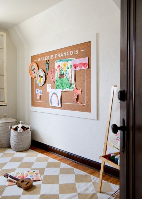 Cork Board Ideas For Office, Cute Cork Board Ideas, Cute Cork Board, Diy Kids Art Display, Kids Art Display Wall, Cork Board Ideas, Stencil Rug, Large Cork Board, Kids Art Display