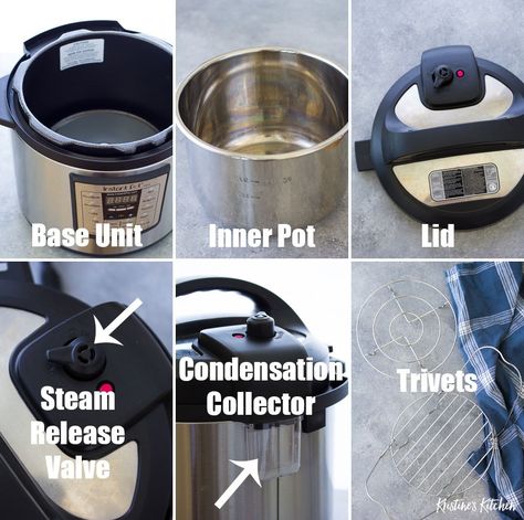 Instant Pot parts and accessories: base unit, inner pot, lid, steam release valve, condensation collector, trivets Chicken Teriyaki Recipe Easy, Roast Dinner Side Dishes, Power Cooker Recipes, Instant Pot Steam, Easy Chicken Enchilada Recipe, Beef Recipe Instant Pot, Salmon Recipes Baked Healthy, Instant Pot Soup, Instant Pot Recipes Chicken