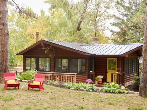 Updated Cabin on a Lake in Minnesota Updated Cabin, Cabin On A Lake, Fall Curb Appeal, Giant Moose, Dark And Creepy, Porch Appeal, Bright Front Doors, Black Metal Roof, Fall Bonfire