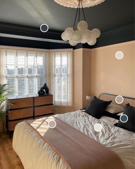 Lick on Instagram: "A contemporary, cosy bedroom using warm but dusty shades of pink, paired with bold black (hello, painted ceiling) and dark blue accents, bringing in earthy neutrals through the furnishings to balance and soften the space. Swipe to see the room-inspired colour palette created using our Lick Colours tool for Pinterest - try it out via the link in our bio or head to lick.com/colours. Beautiful bedroom makeover by @megovation using our new grey-based #Black04 on the ceiling p Painted Ceiling Ideas Bedroom, Colored Ceiling Bedroom, Blue Ceiling Bedroom, Woodland Living Room, Neutral Bedroom Paint, Pink Bedroom Accessories, Dark Gray Bedroom, Blush Pink Bedroom, Earthy Neutrals