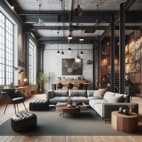 15 Sleek Modern Industrial Interior Design Ideas — Lord Decor Concrete Warehouse Interior Design, Industrial Interior Design Apartment, Industrial Modern Decor, Modern Industrial House, Industrial Minimalist Interior, Industrial Style House, Style Living Room Ideas, Industrial Style Interior Design, Western Lodge