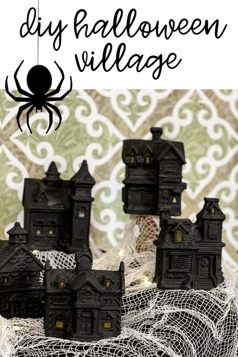 Christmas Village Turned Halloween, Diy Halloween Town Display, Halloween House Village, Spooky Village Diy, Diy Halloween Village Houses, Christmas Village Makeover, Halloween Village Diy, Halloween Decor Dollar Tree, Diy Halloween Village