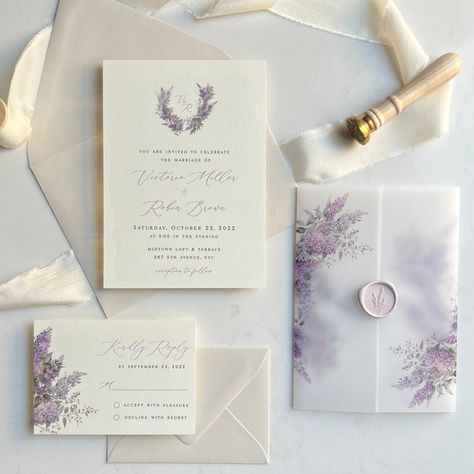 Lavender Purple Wedding, Lilac Wedding Themes, Lilac Wedding Invitations, Light Purple Wedding, Lila Party, Lavender Wedding Theme, Vellum Jacket, Lavender Wedding Invitations, Purple Invitations