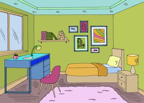 Black And Green Bedroom, Green Bedroom Inspirations, Green And Black Bedroom, Drawing Bedroom, Lime Green Bedrooms, Cartoon Room, Google Drawing, Cartoon Bedroom, Led Painting