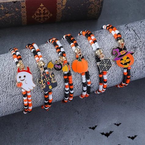 These handmade wire wrap bracelets are perfect for Halloween! Featuring spooky, chic designs, each piece is crafted with care and makes a unique, stylish accessory for celebrating the season. Ideal for gifting! Handmade Craftsmanship: Each bracelet is carefully crafted by hand, ensuring a unique and high-quality piece that stands out. Halloween-Themed Designs: Perfectly themed for the season, adding a touch of spooky style to any outfit. Adjustable Fit: Designed to fit various wrist sizes comfor Halloween Beaded Jewelry, Rice Bead Bracelet, Flower Beaded Bracelet, Handmade Bead Jewellery, Handcrafted Beaded Jewelry, Gothic Witch, Halloween Bracelet, Chic Halloween, Halloween Beads