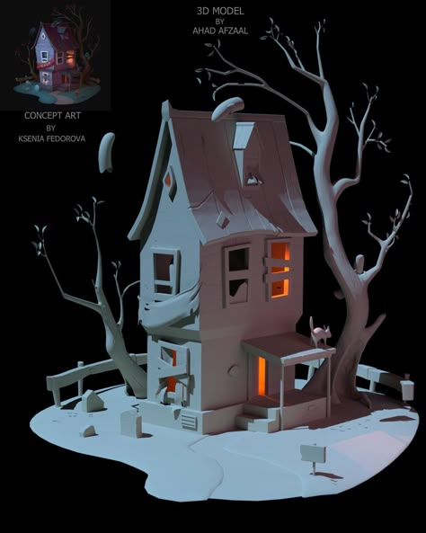 Concept Art by Ksenia Fedorova Blender Concept Art, Haunted House Concept Art, Horror Environment, Concept Art House, 3d Concept Art, Zombie Cartoon, Halloween Diorama, Cartoon Building, Stuffed Pumpkin