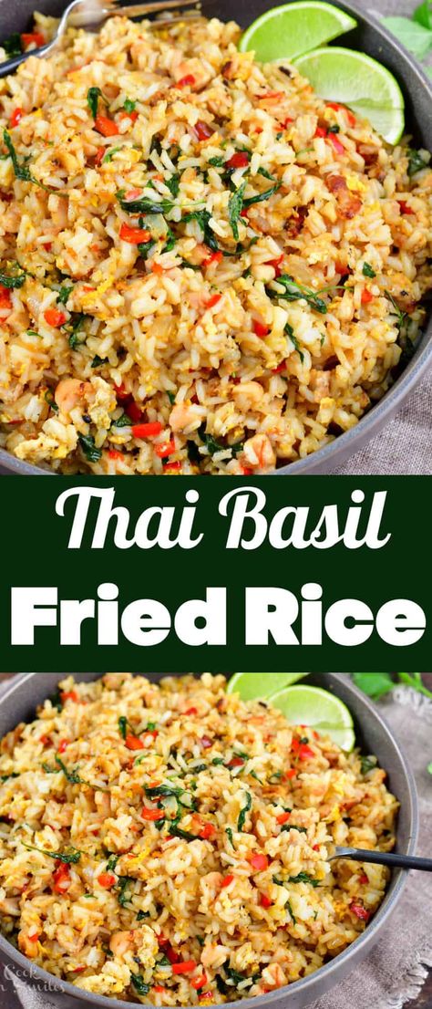 Thai Basil Fried Rice is one of the best fried rice recipes out there! The flavor comes from the fresh Thai basil, Thai chili pepper, vegetables, and the mouthwatering sauce. Sides For Thai Food, Vegan Thai Basil Fried Rice, Thai Curry Side Dishes, Basil Chicken Fried Rice, Basil Fried Rice Thai Recipe, Thai Vegetable Fried Rice, Thai Rice Dishes, Thai Basil Rice Recipe, Thai Basil Chicken Fried Rice