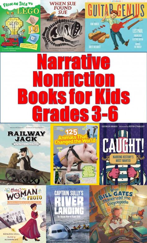 Narrative nonfiction books for kids, books about history, science, biography, music, inventions, science  18 titles that have kid appeal, interesting stories for them to relate to  children's books, narrative nonfiction, factual stories, education, true books, curriculum resources Library Job, Fiction Vs Nonfiction, Austin Activities, Intermediate Reading, 2nd Grade Books, Narrative Nonfiction, Nonfiction Books For Kids, Literary Nonfiction, Elementary Curriculum