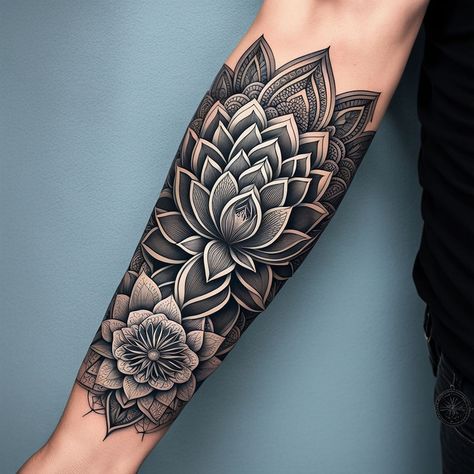 Sacred Journey: Lotus, Mandalas, and Geometry Full Sleeve Tattoo" #SpiritualSleeveTattoo #LotusAndMandalas #SacredGeometryInk #EnlightenmentTattoo #TattooArt Lotus Flower Sleeve Tattoo Men, Medallion Tattoo, Lotus Mandala Tattoo Sleeve, Flower Geometric Tattoo, Womens Mandala Sleeve Tattoo, Mandala Arm Sleeve, Mandala Tattoo Design Women Arm, Mandala Lotus Tattoo, Mandala Geometric Tattoo