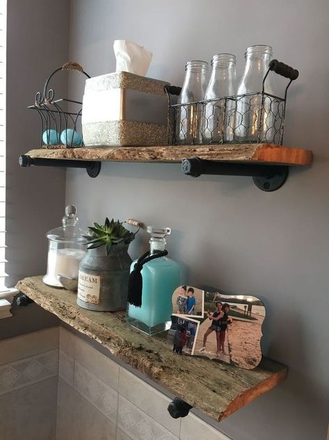 Wall Shelf Diy, Industrial Shelves, Barnwood Shelves, Industrial Wall Decor, Shelf Diy, Rustic Wooden Shelves, Diy Rustic Home, Rustic Kitchen Island, Rustic Industrial Decor