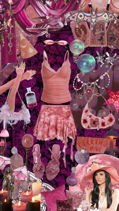 Pink whimsigoth style 🌸🩷🔮🩷🌸 - - - #whimsigoth #pink #aestethic #magic #lovewitch #potions #90s #charmed #fleetwoodmac #crystals #witch #witchy #pinkwitch #outfit #inspo #outfitinspo #tops #skirt #purse #jewelry #necklace #earrings #cute Pink Whimsigoth Outfit, Pink Witch Outfit, Whimsigoth Pink, Pink Whimsigoth, Pink Witch Aesthetic, Pink Aestethic, Quinn Aesthetic, Witch Aesthetic Outfit, Whimsigoth Style