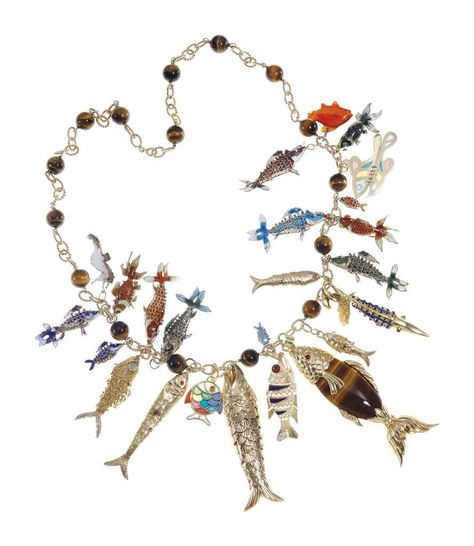 A FISH CHARM NECKLACE | Jewelry, necklace | Christie's Fish Jewelry, Dope Jewelry, Arte Inspo, Tiger Eye Beads, Eye Beads, Funky Jewelry, Neck Chain, Elizabeth Taylor, Van Cleef