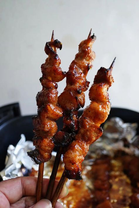 Filipino Style Pork Barbecue Skewered (Air Fryer or Grilled) Filipino Barbecue, Filipino Pork Bbq, Best Filipino Recipes, Filipino Bbq, Pork Barbecue, Pork Skewers, Filipino Style, Pickled Radishes, Kabob Recipes