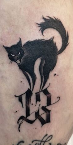 Creepy Black Cat Tattoo, Black Cat Hissing Tattoo, Cat Gargoyle Tattoo, Black Cat 13 Tattoo, Gothic Black Cat Tattoo, Cat 13 Tattoo, Scaredy Cat Tattoos, Scared Black Cat Tattoo, Vintage Black Cat Tattoo