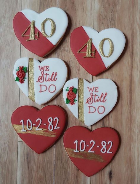 Ruby Themed Anniversary Party, Ruby Red 40th Anniversary, Parent Anniversary Party Ideas, 40th Anniversary Cookies Decorated, 40th Wedding Anniversary Cookies, Ruby Red Anniversary Party Ideas, 40 Year Wedding Anniversary Party, Ruby Party Theme, 40th Anniversary Cookies