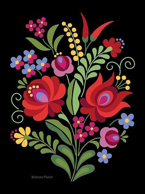 Beautiful Folk art inspired illustration. Polish Floral Folk Art, Ukrainian Flower Art, Polish Folk Art Mural, Traditional Motifs Design Folk Art, Folk Art Textiles, Slovakian Folk Art, Russian Folk Art Flowers, Polish Folk Art Flowers, Moravian Folk Art