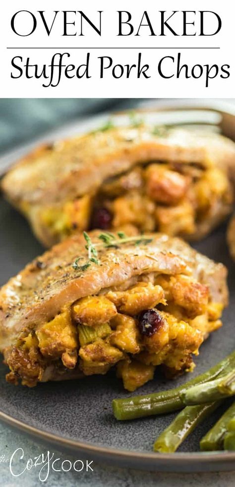 These Oven Baked Pork Chops are filled with savory cranberry sausage stuffing. They only take 20 minutes to bake and make a perfect easy dinner! #porkchops #baked #stuffing Stuffed Porkchops Crockpot, Cornbread Stuffed Pork Chops, Cooking Stuffed Pork Chops, Pork Chop And Stuffing Recipes Oven Baked, Bone In Stuffed Pork Chops, Sausage Stuffed Pork Chops, Stuffed Porkchops Dinner Ideas, Stuffing Stuffed Pork Chops, Stuffed Boneless Pork Chops Oven Baked