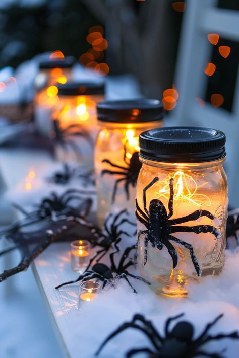 17 Easy DIY Halloween Centerpieces To Decorate Your Table Halloween Table Ideas Centerpieces, Mason Jar Halloween Centerpieces, Spooky One Birthday Centerpieces, Boo Day Party Centerpieces, Halloween Dining Table Centerpiece Ideas, Halloween Party Table Centerpieces Diy, Diy Mason Jar Halloween Decorations, Scary Halloween Table Decor, Halloween Centerpiece Ideas Table Party