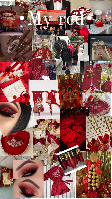 Red quince dresses and heels makeup and etc Sweet 15 Red Theme, Red Quinceanera Damas, Red Theme Quince, Mexican Quince Theme, Book Of Life Quinceanera Theme, Black And Red Quince, Red Theme Quinceanera Ideas, Red And Gold Quinceanera Theme, Red 15 Dresses