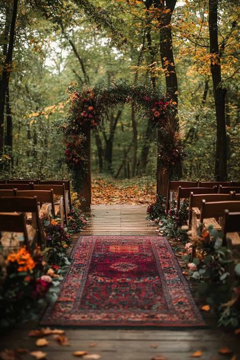 About Time Wedding Aesthetic, Autumnal Wedding Theme, Intimate Fall Wedding Ideas, Deep Moody Wedding, Moody Cottagecore Wedding, Dark October Wedding, Moody October Wedding, Autumn Woodland Wedding, Elegant Moody Wedding