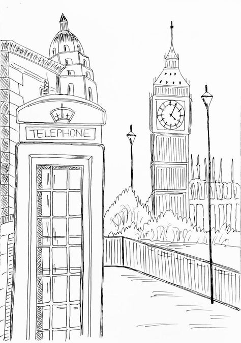 Big Ben Drawing, Structure Drawing, Colouring Book Pages, Colouring Pages For Kids, Art Buildings, London Drawing, Cityscape Drawing, Illustration For Kids, Kids Colouring